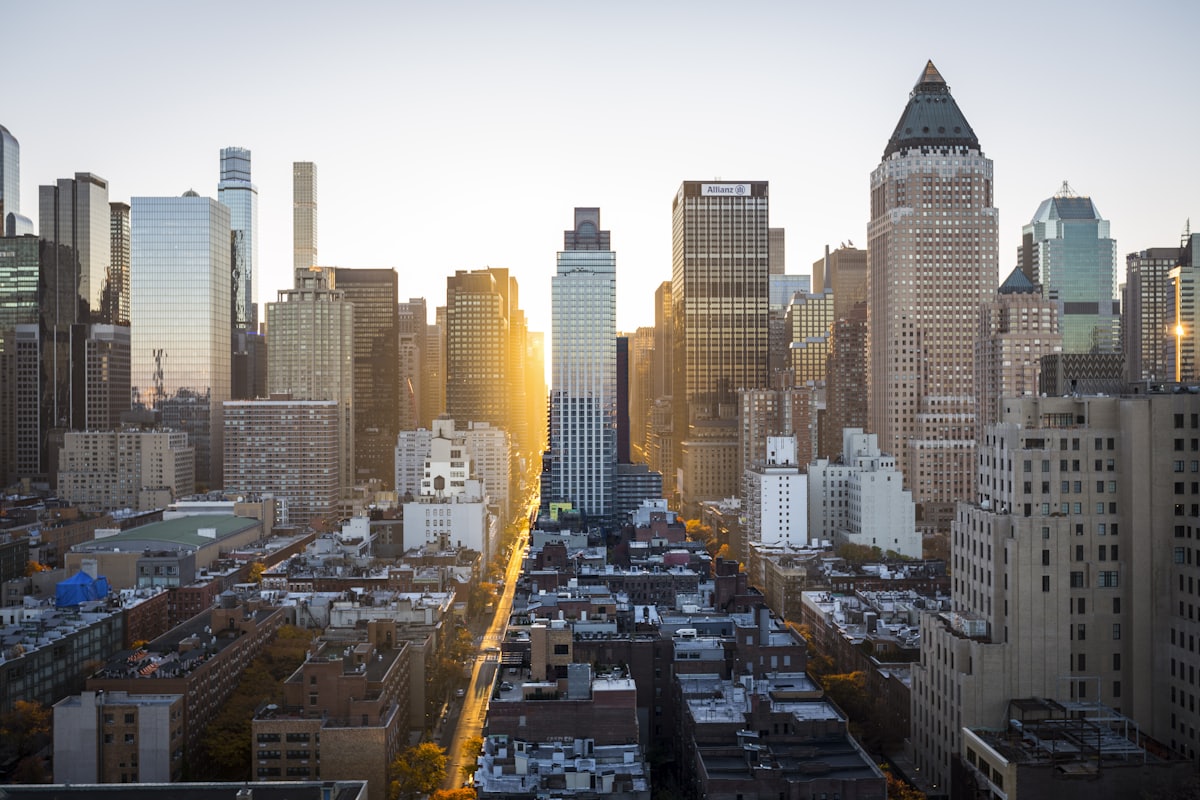 Modern city skyline at sunset